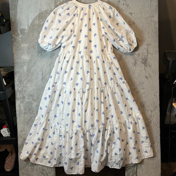 ASOS EDITION Puff Sleeve Midi Dress Ditsy Floral Embroidered White Blue Size‎ 8 - Picture 5 of 9